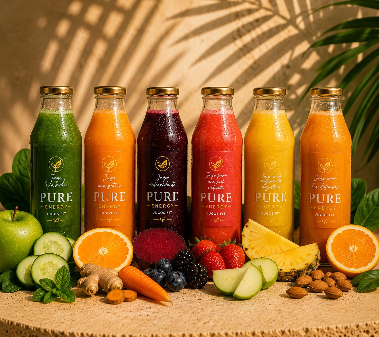 Row of colorful Pure Energy juice bottles